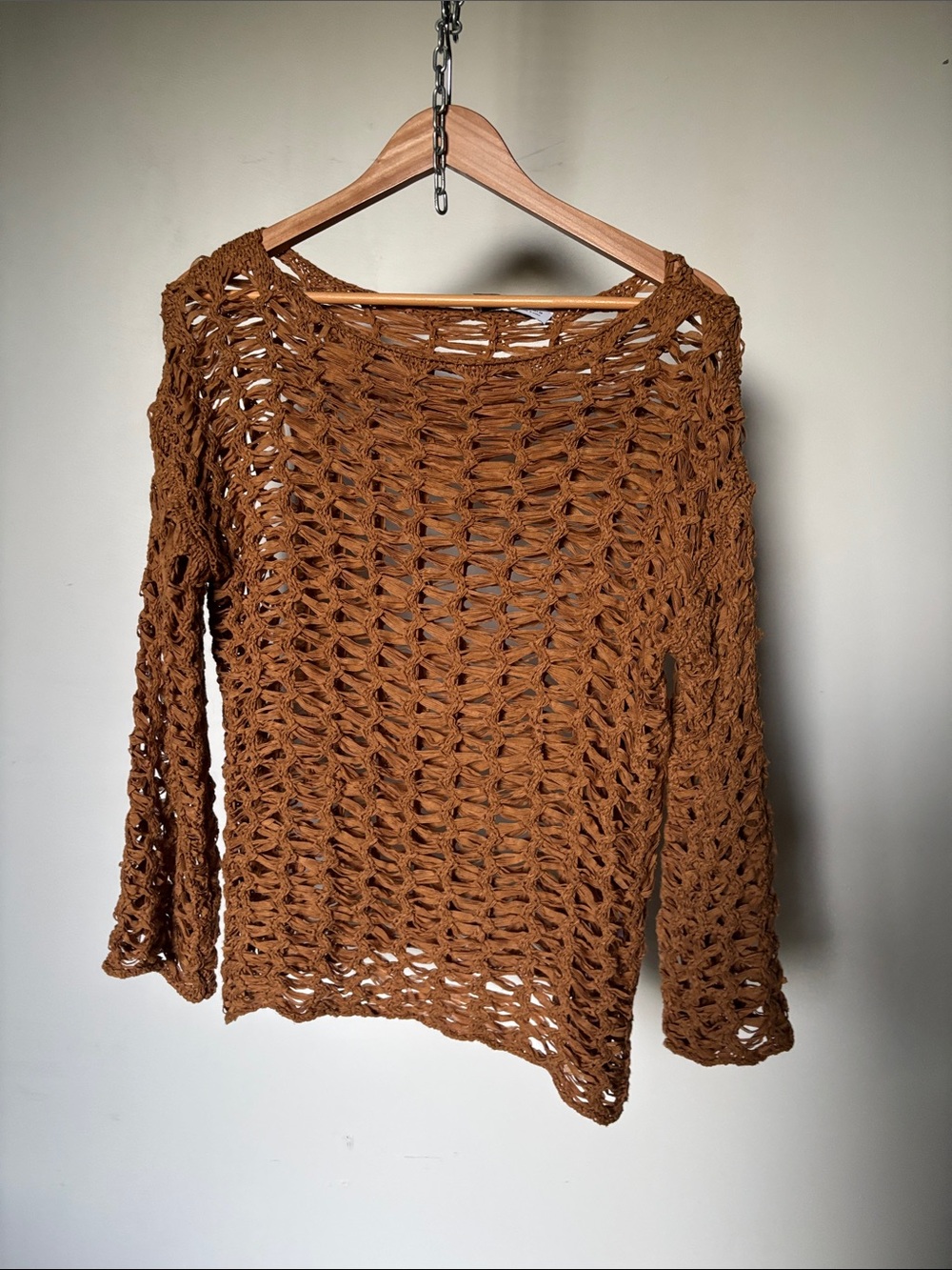 Zara Open-Knit Crochet Long-Sleeve Sweater in Caramelo